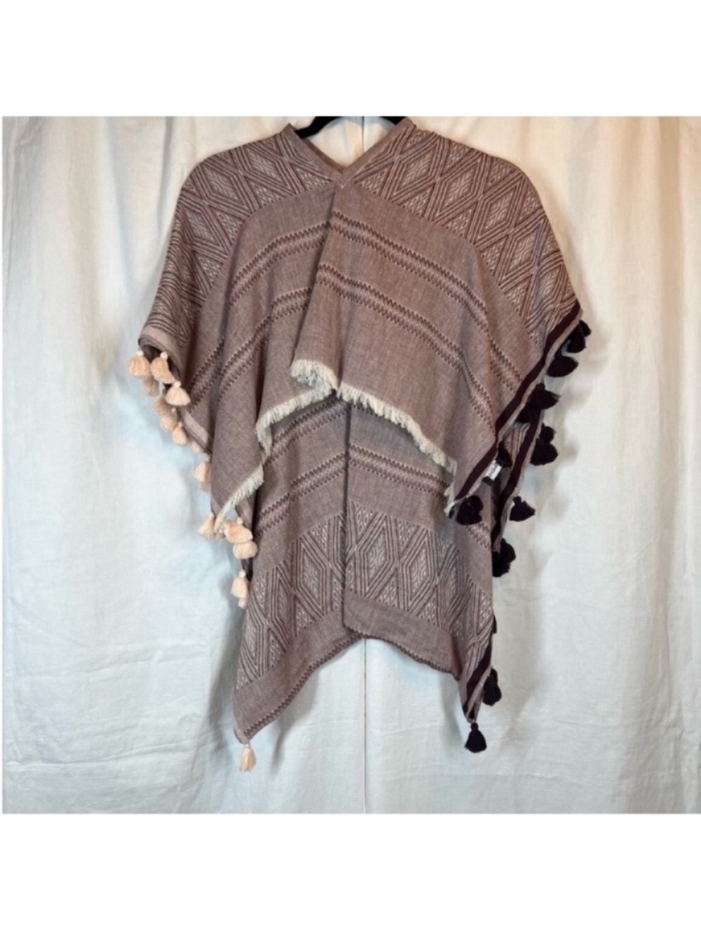 Madewell 100% Cotton Jacquard Geometric Print Fringe Pom Pom Poncho OS